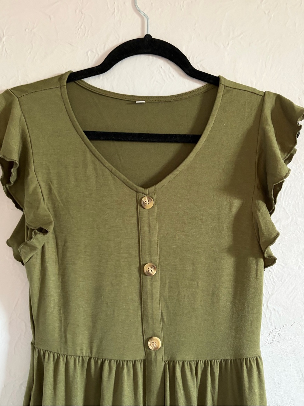 Olive Green Button Front Ruffle Sleeve Midi Dress with Pockets - Small - Picture 2 of 7
